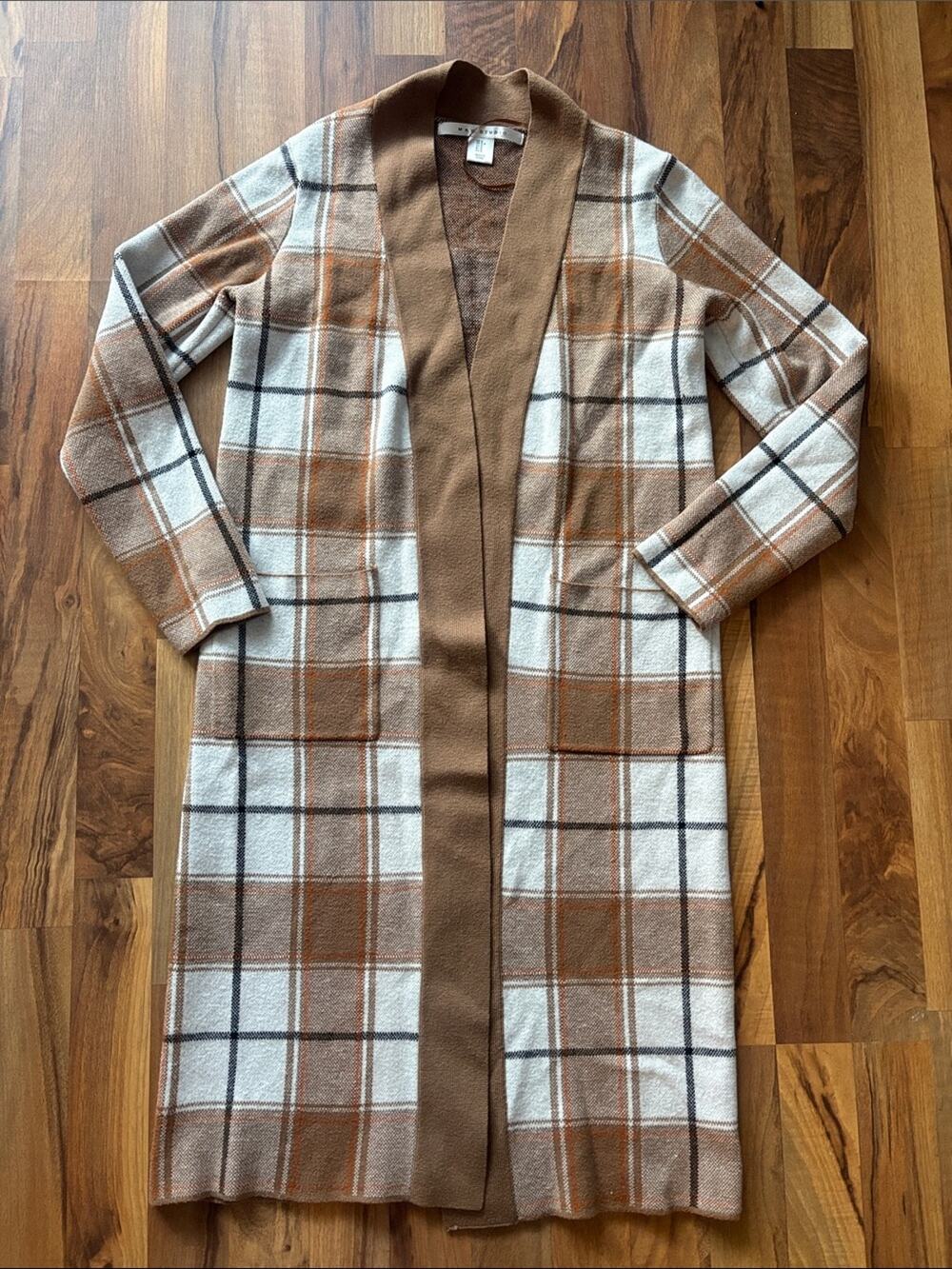 Max Studio Woman’s Plaid Open-Front Duster Cardigan Sweater Size S